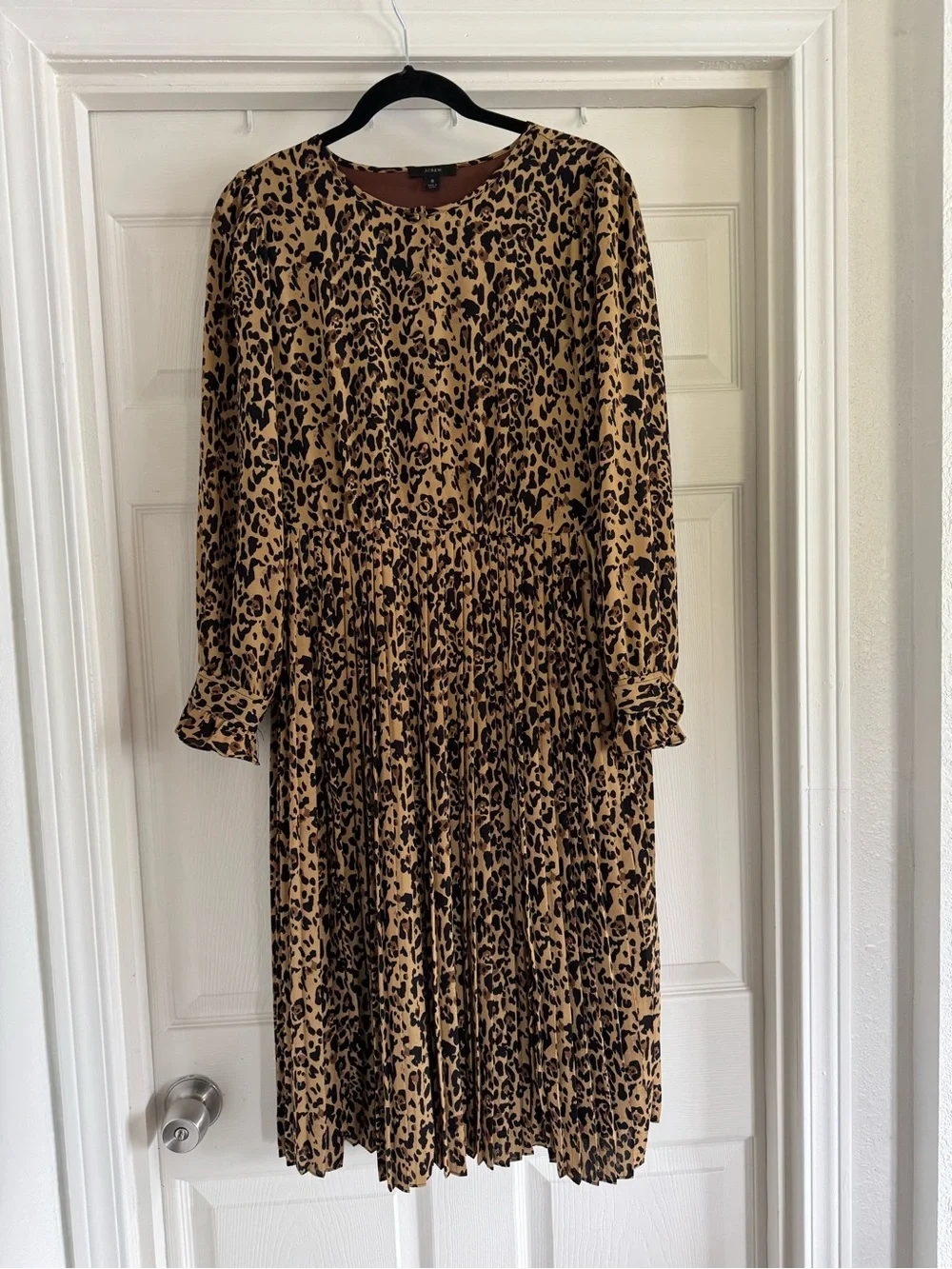 J. Crew Leopard Print Long Sleeve Pleated Midi Dress - Tan & Black